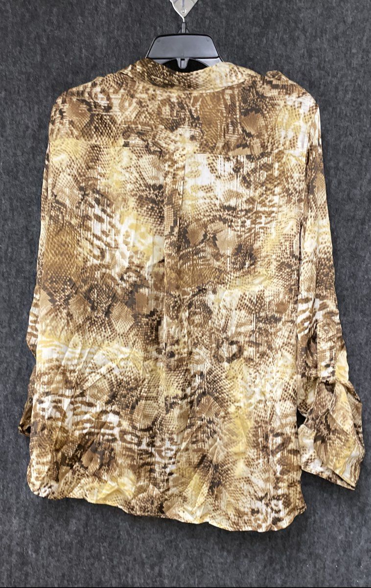 Jones New York Signature Women's Brown Snakeskin Roll Tab Pocket Blouse Size XL