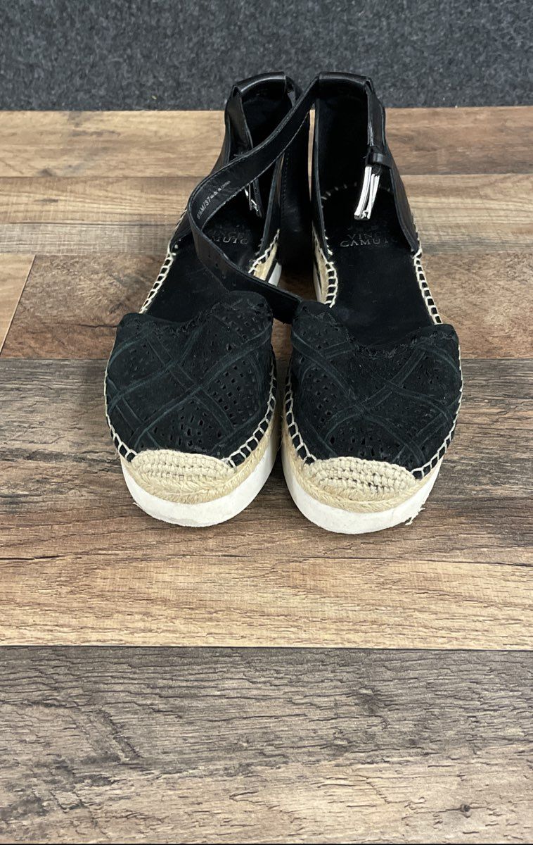 Vince Camuto Black Suede Laser Cut Platform Espadrille Sandals Size 6.5