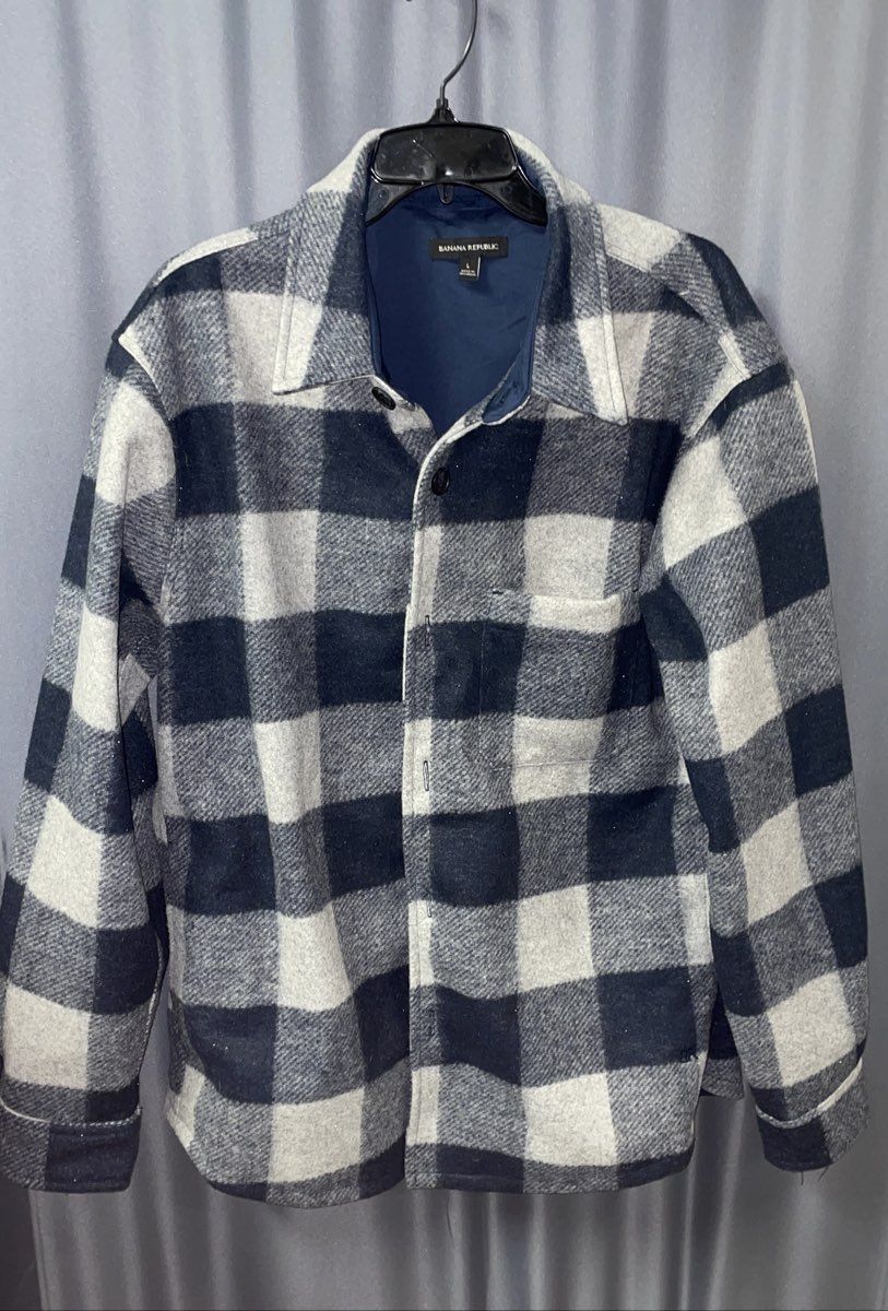 Banana Republic Men's Grey Blue Plaid Buffalo Check Button Up Shirt Jacket Sz L