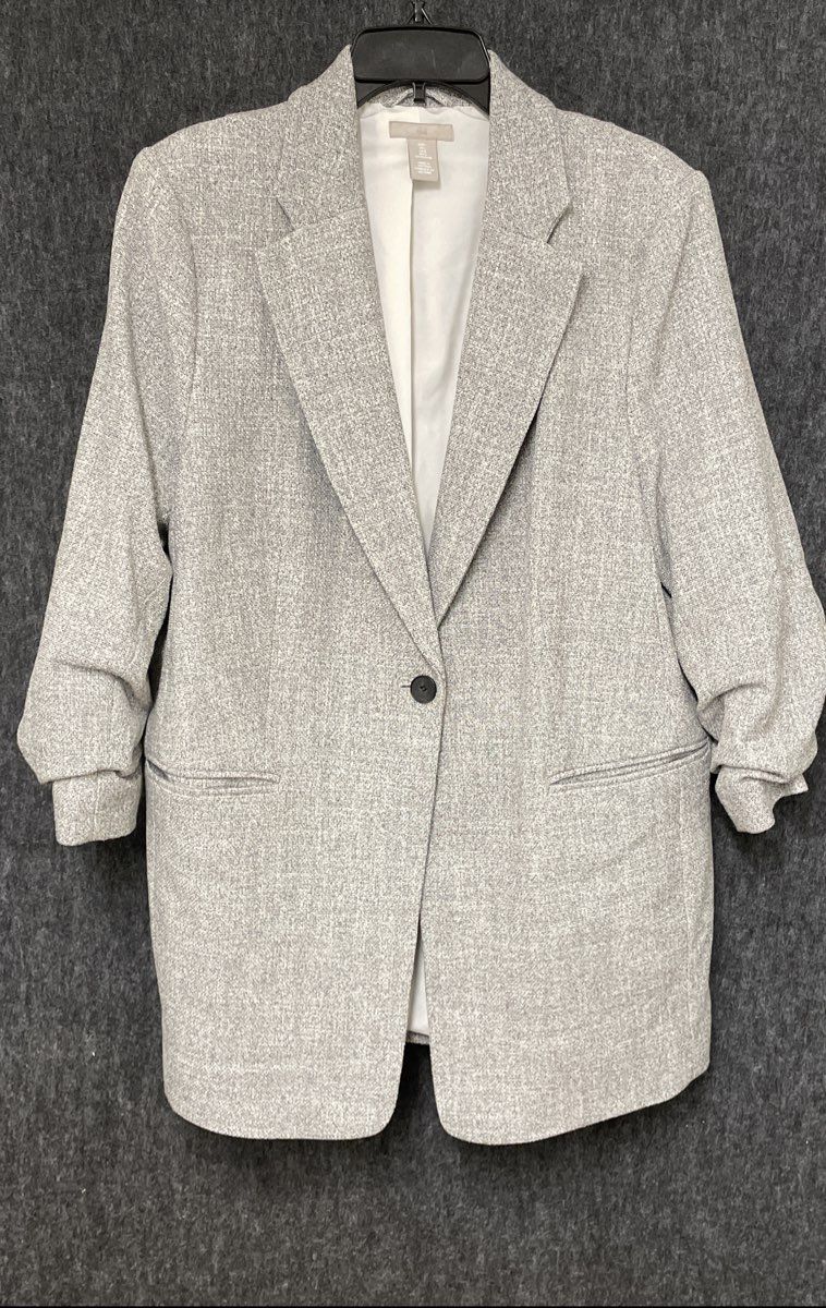 H&M Women's Heathered Gray Ruched Cuff Single Button Textured Blazer Size L