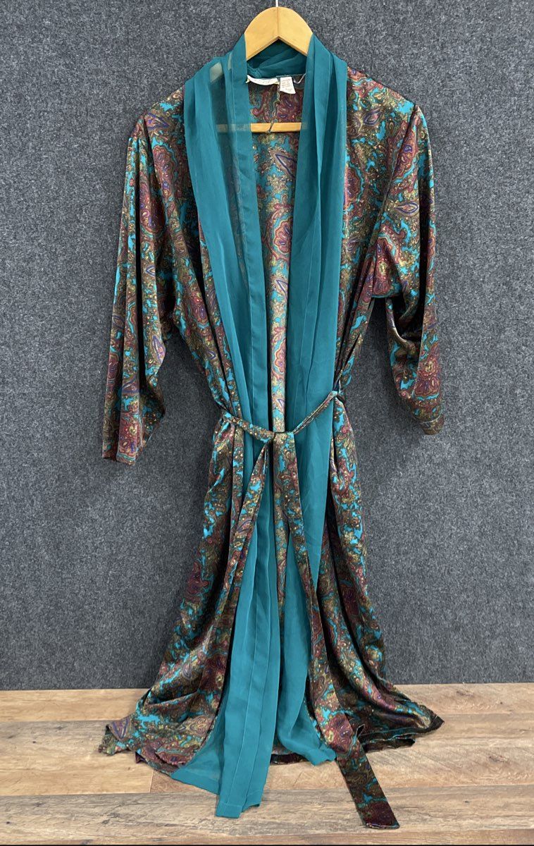 Vintage 90s Victoria's Secret Women's Teal Paisley Full Length Wrap Robe Sz L