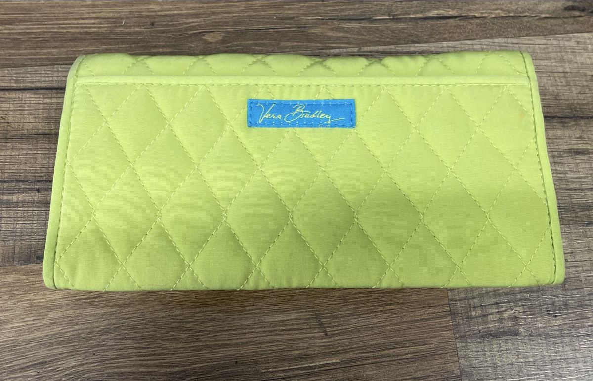 Vera Bradley Lime Green Quilted Fabric Long Wallet Organizer Blue Lining