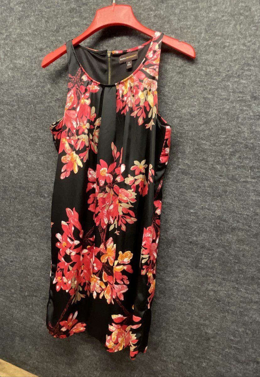 Dana Buchman Women's Black Red Floral Sleeveless Satin Shift Dress Size M