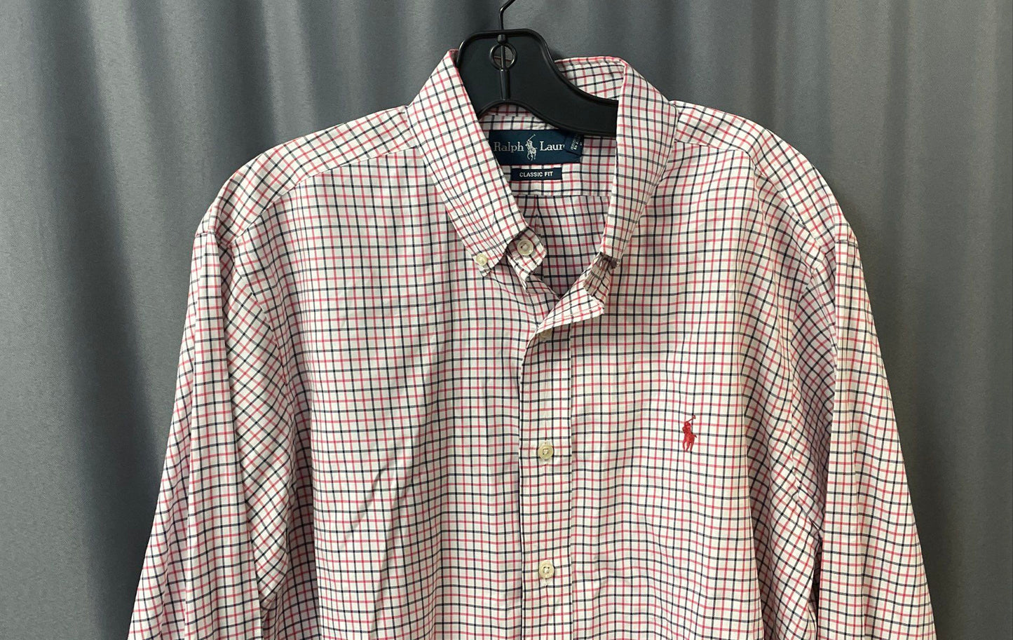 Ralph Lauren Men's Red Navy Blue Plaid Classic Fit Cotton Button Down Shirt Sz L