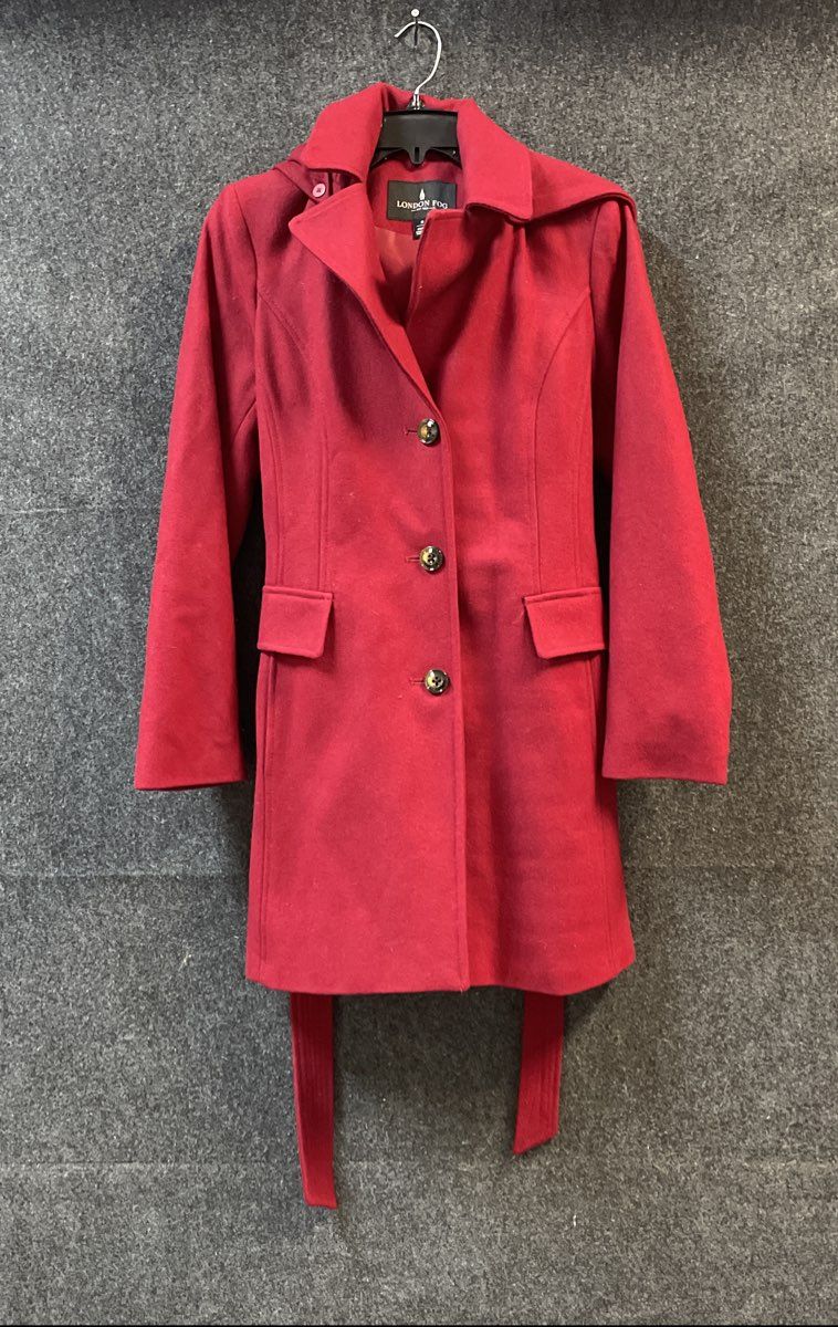London Fog Women's Red Wool Blend Hooded Belted Trench Coat Jacket Sz S