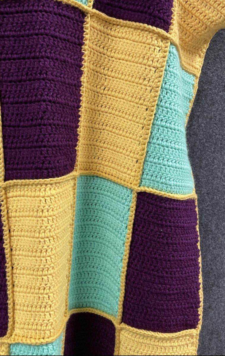 Handmade Multicolor Crochet Blanket Afghan Purple Yellow Teal Patchwork Block