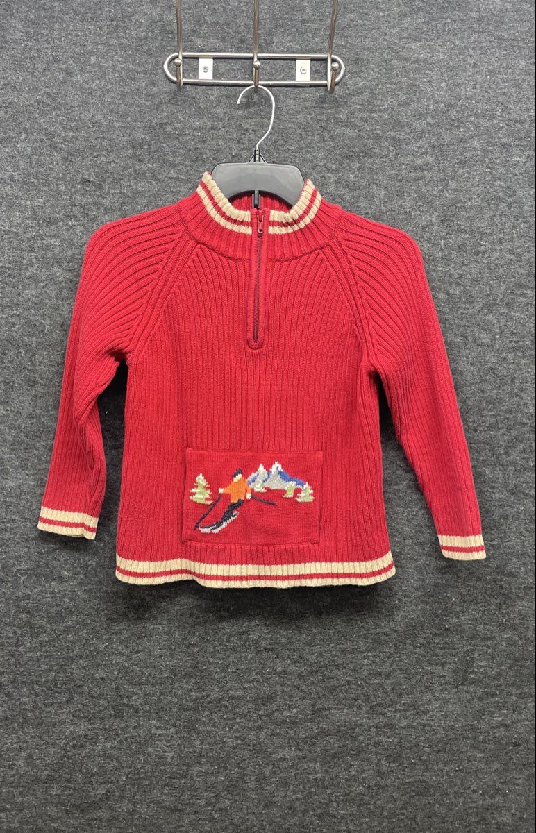 Talbots Kids Red Ribbed Cotton Quarter Zip Skier Graphic Sweater Sz 7