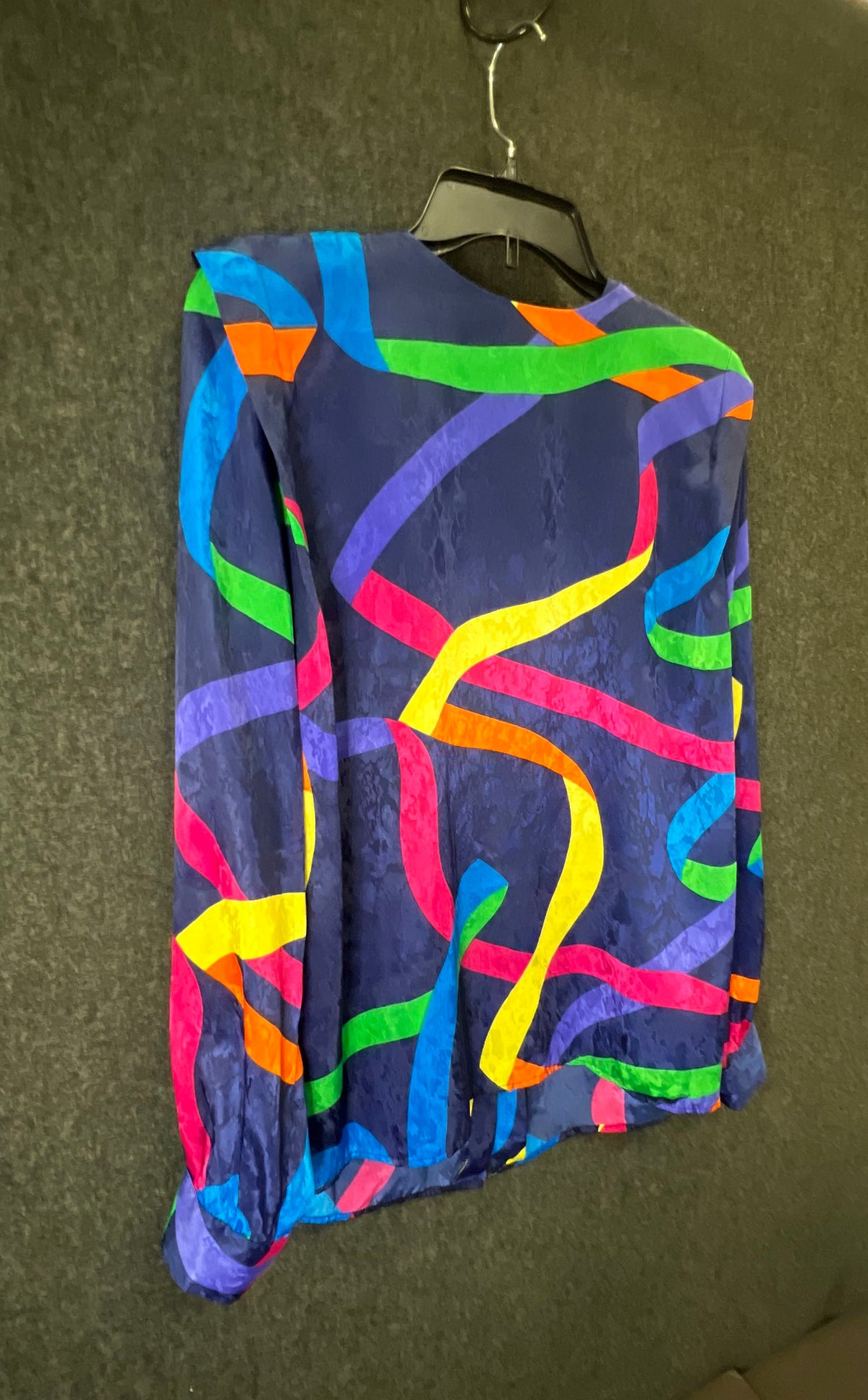 Vintage 90s Andre Sauvage Abstract Ribbon Print Blouse Made USA Sz 10