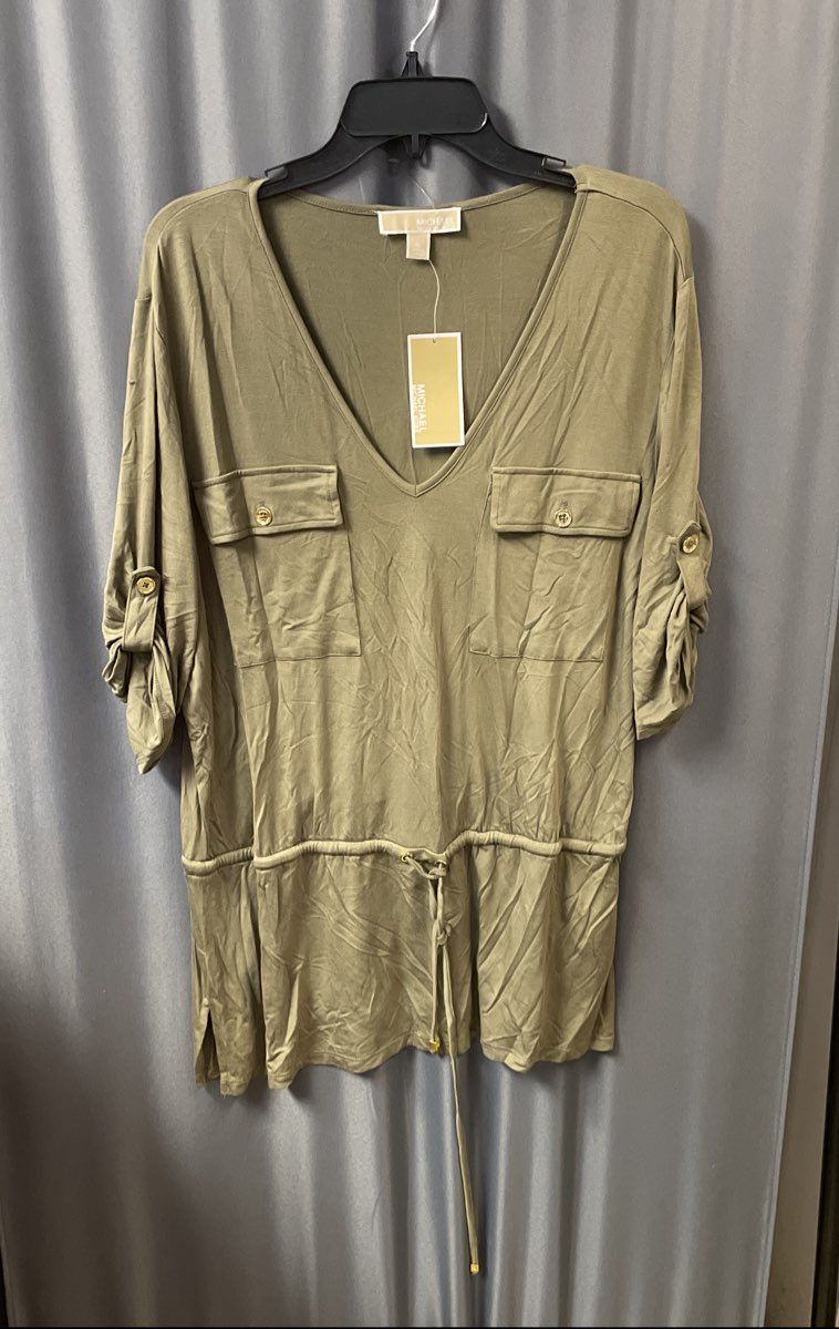 Michael Kors Women's Tunic Safari Green V-Neck Drawstring Roll-Tab Sleeve NWT XL