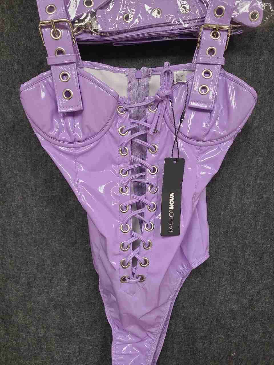 Fashion Nova Women's Purple Faux Leather Lace Up Bodysuit Lingerie Set Sz XS/S