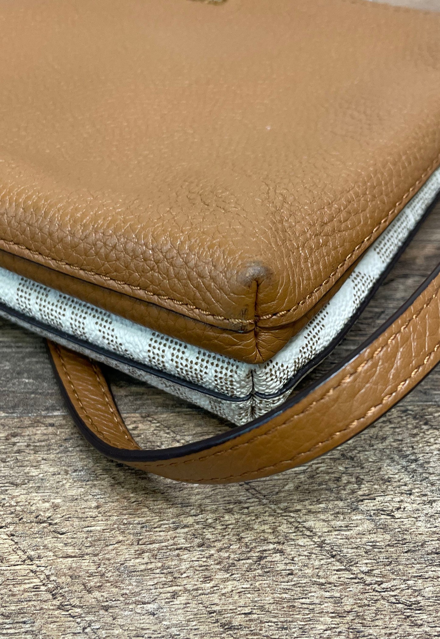 Michael Kors Brown Pebbled Leather Monogram Crossbody Bag Gold Hardware