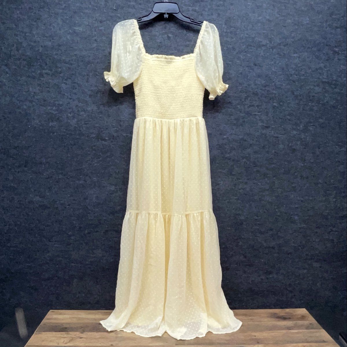 Patrons of Peace Women's Yellow Swiss Dot Smocked Puff Sleeve Maxi Dress Sz S