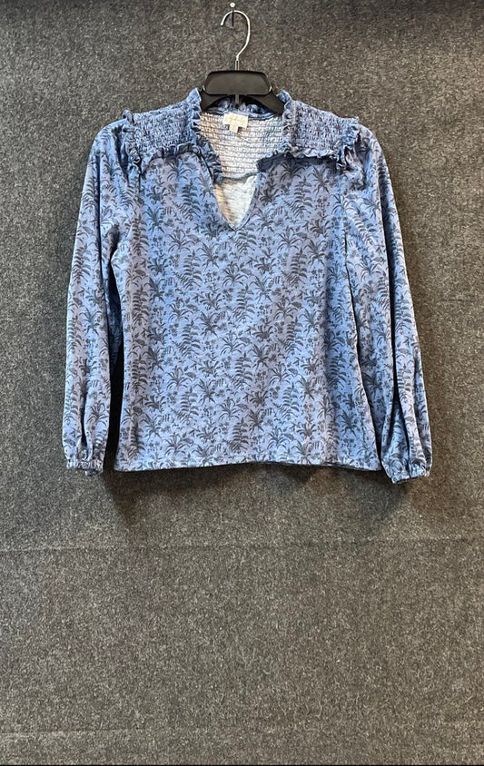 Wonderly Women's Blue Floral Smocked Ruffle Notch Neck Blouse Top Size M