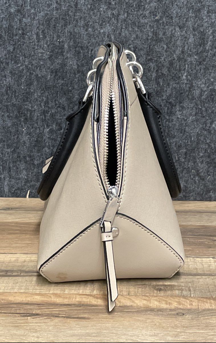 Calvin Klein Beige Black Saffiano Leather Susan Satchel Bag Silver Hardware