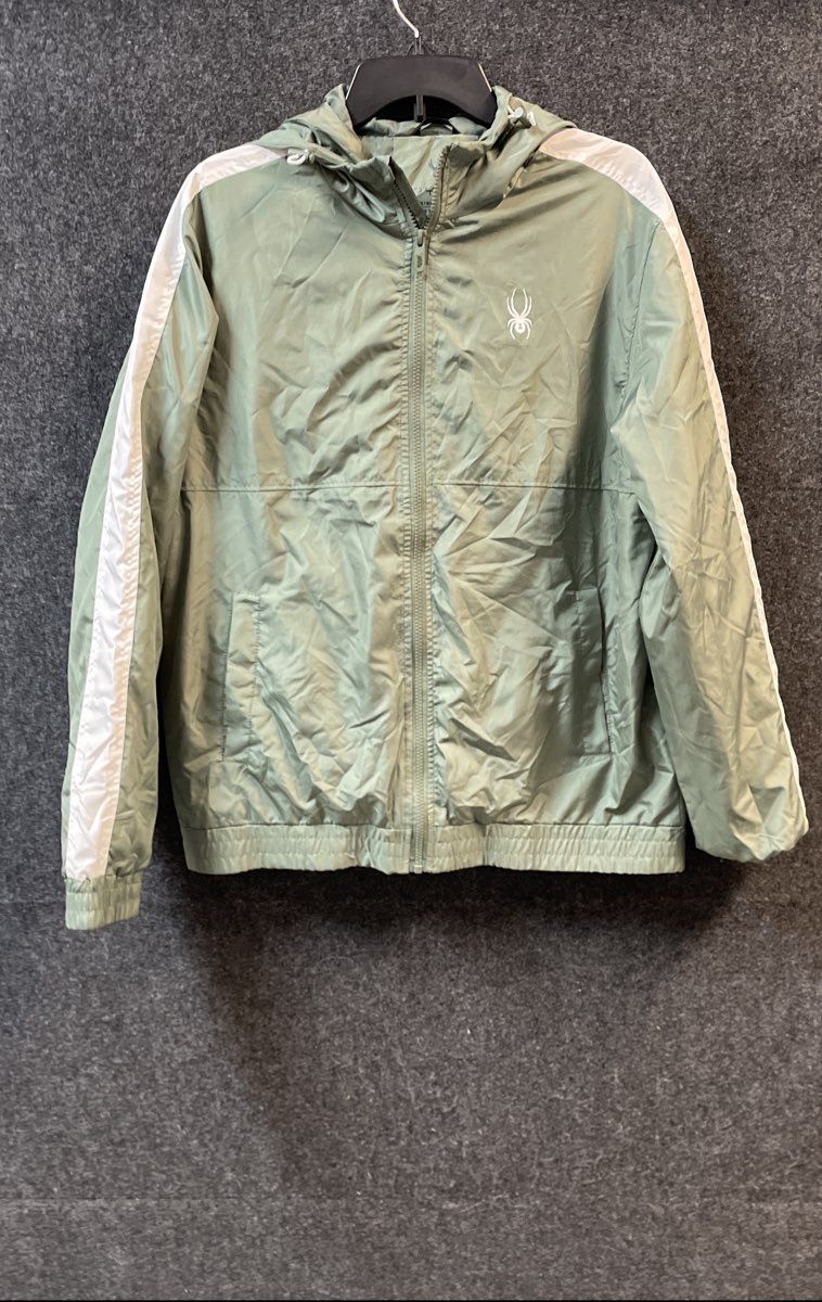 Spyder Men's Sage Green White Stripe Hooded Windbreaker Jacket Sz M