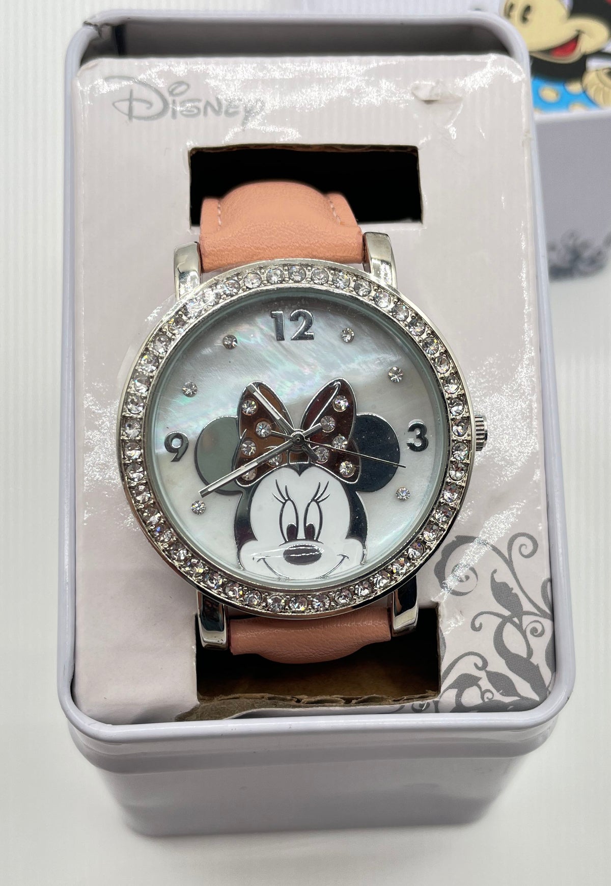 Disney Minnie Mouse Rhinestone Pink Leather Women's Watch In Box *Not Working*