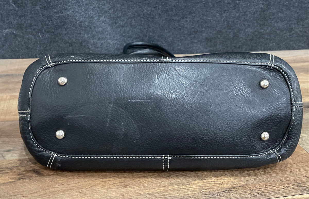 Tignanello Black Pebbled Leather Shoulder Bag Tote White Contrast Stitching