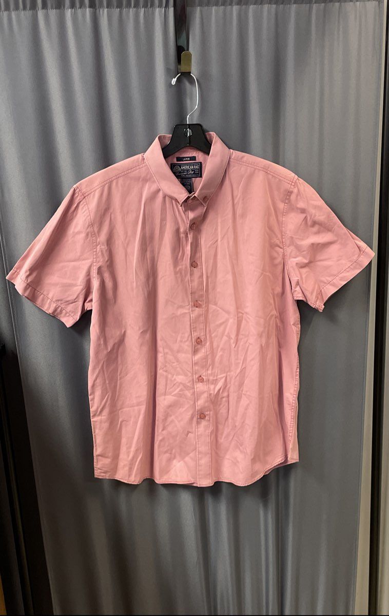 American Rag Men's Short Sleeve Button Down Shirt Pink 100% Cotton Size L