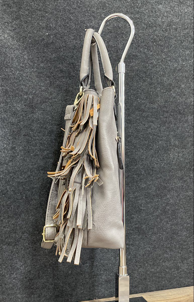 Expressions NYC Grey Leather Fringed Satchel Crossbody Bag Boho Studded