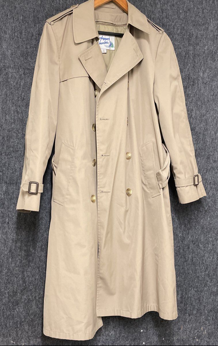 Vintage 80s Newport Harbor Men's Beige Double Breasted Trench Coat Sz 36 Reg