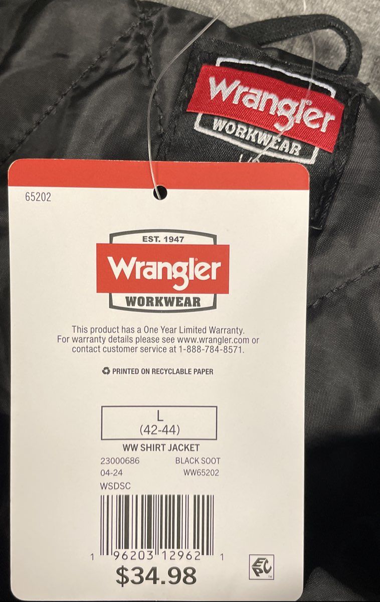 Wrangler Workwear Black Canvas Hooded Shirt Jacket Quilted Lined NWT Sz L