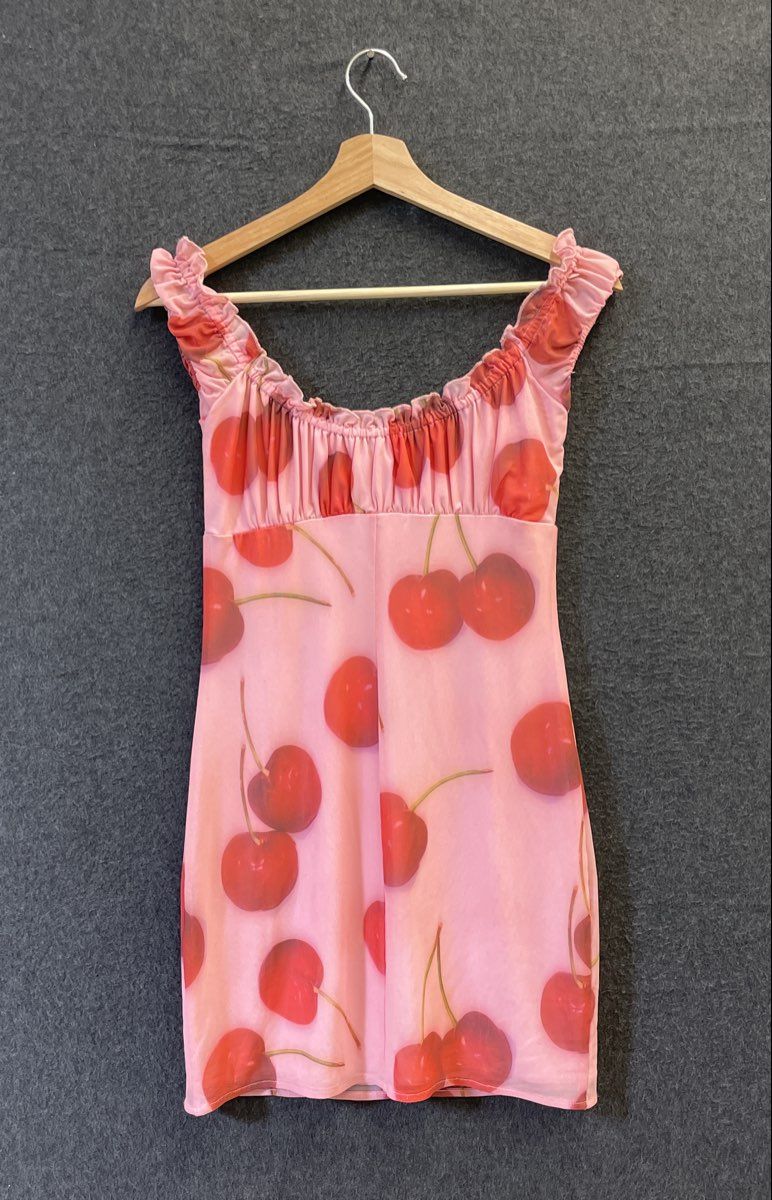 Kimchi Blue Women's Pink Cherry Print Ruched Mini Dress Mesh Overlay Size S