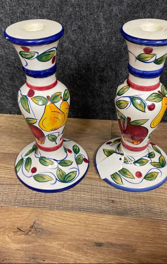 Bella Casa Ceramic Candle Holder Set Hand Painted
