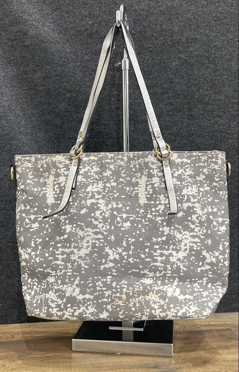 Grey White Abstract Print Fabric Tote Bag Large Metallic Silver Trim