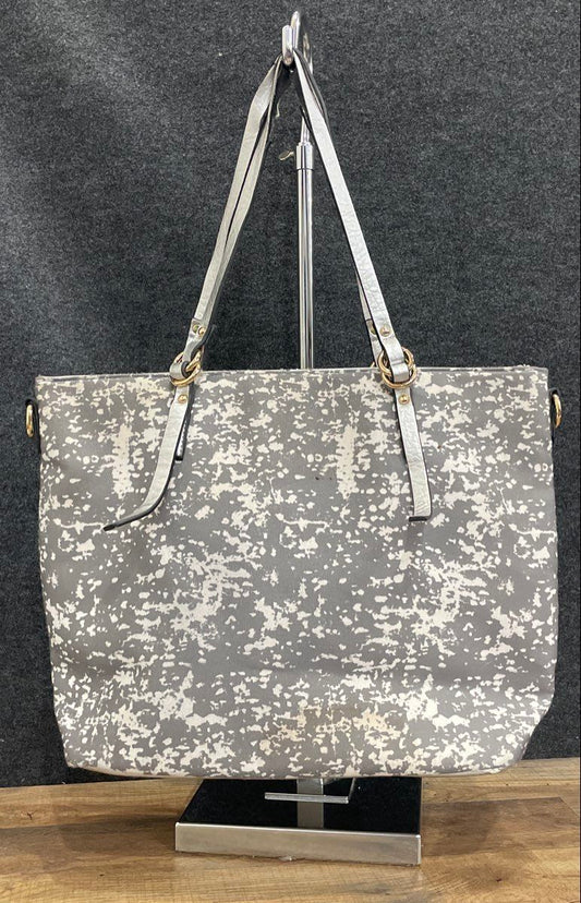 Grey White Abstract Print Fabric Tote Bag Large Metallic Silver Trim