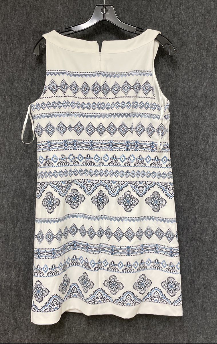 White House Black Market Women's White Blue Embellished Geometric Shift Dress 8