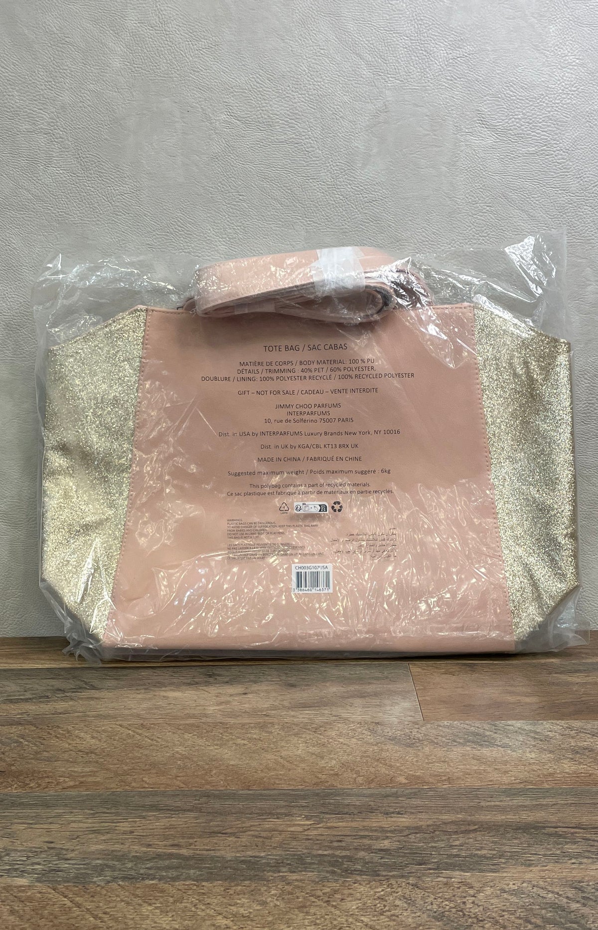 Jimmy Choo Parfums Pink Gold Glitter Tote Bag Handbag New in Plastic Promo