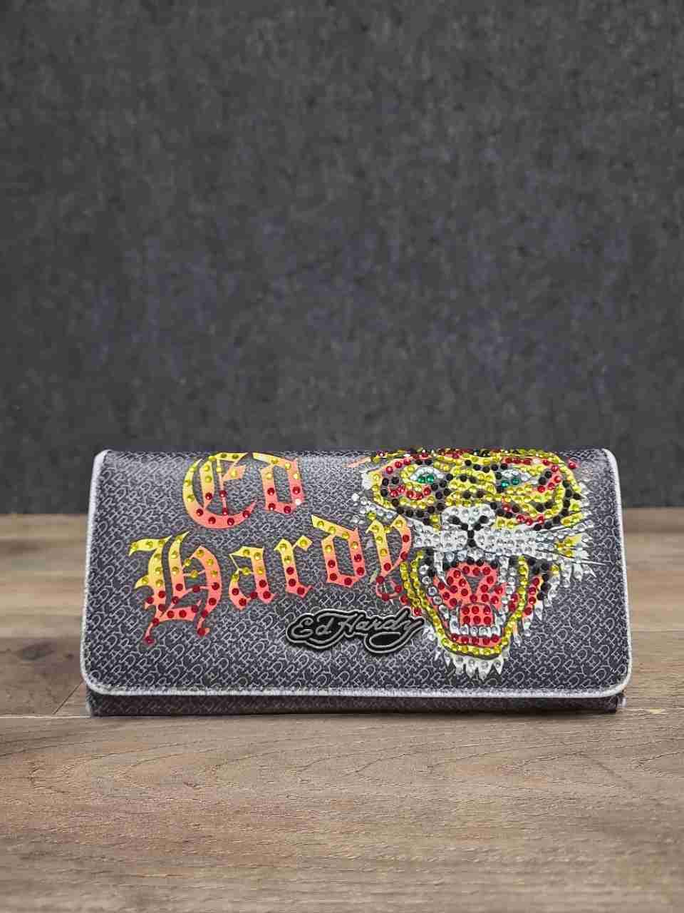 Ed Hardy Grey Vintage Y2K Tiger Rhinestone Trifold Long Wallet Clutch