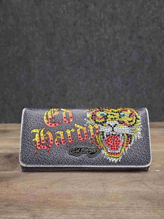 Ed Hardy Grey Vintage Y2K Tiger Rhinestone Trifold Long Wallet Clutch