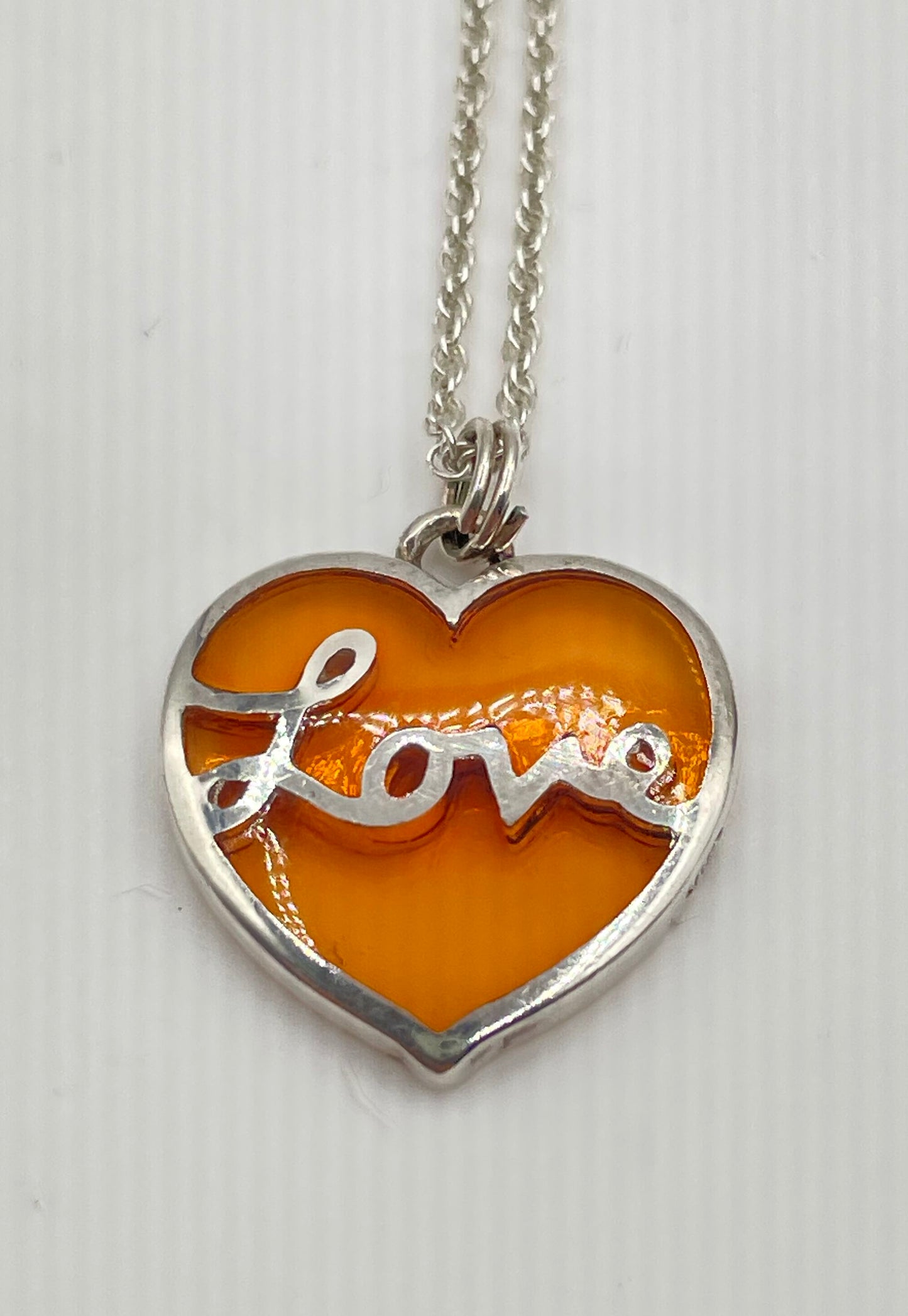 925 Sterling Silver Amber-Colored Resin 'Love' Heart Pendant Necklace 4g