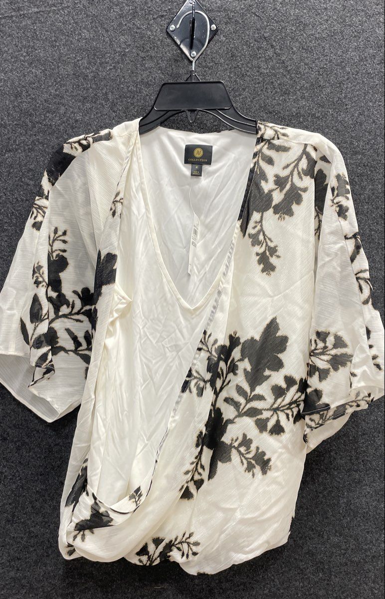 JM Collection Women's White Black Floral Surplice Wrap Top Wide Sleeve NWT Sz M