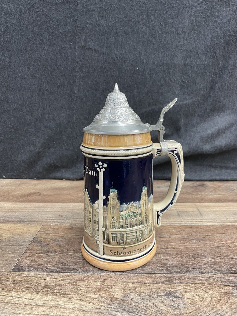 Vintage German Beer Stein Frankfurt am Main Relief Cobalt Pewter Lid Wick-Werke