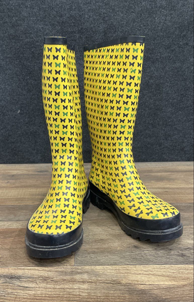 Rampage Yellow Butterfly Print Tall Rubber Rain Boots Women's Size 8