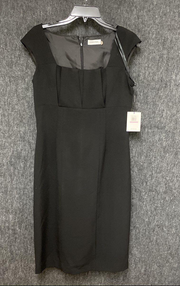 Calvin Klein Women's Black Pleated Square Neck Cap Sleeve Sheath Dress Sz 6 NWT