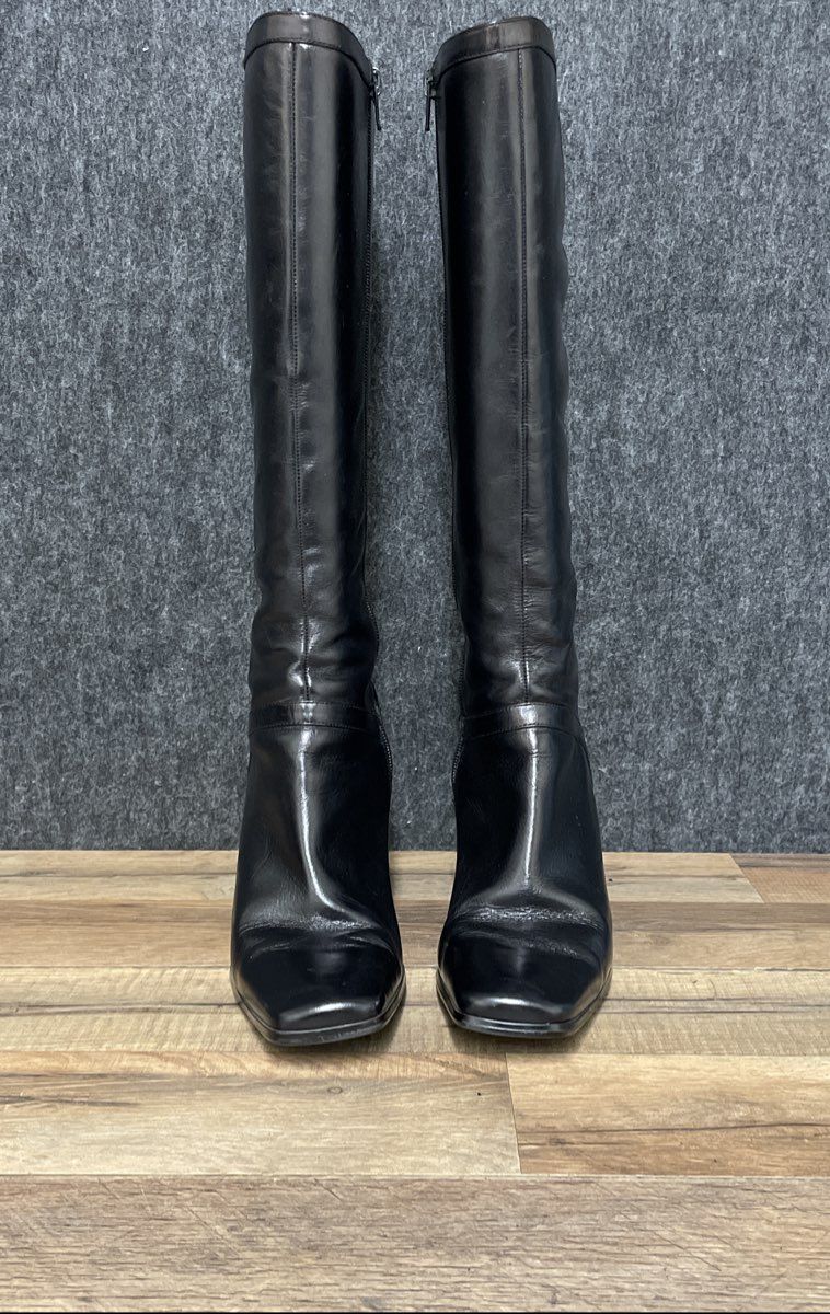 Nine West Black Leather Square Toe Knee High Heeled Boots Size 9 M