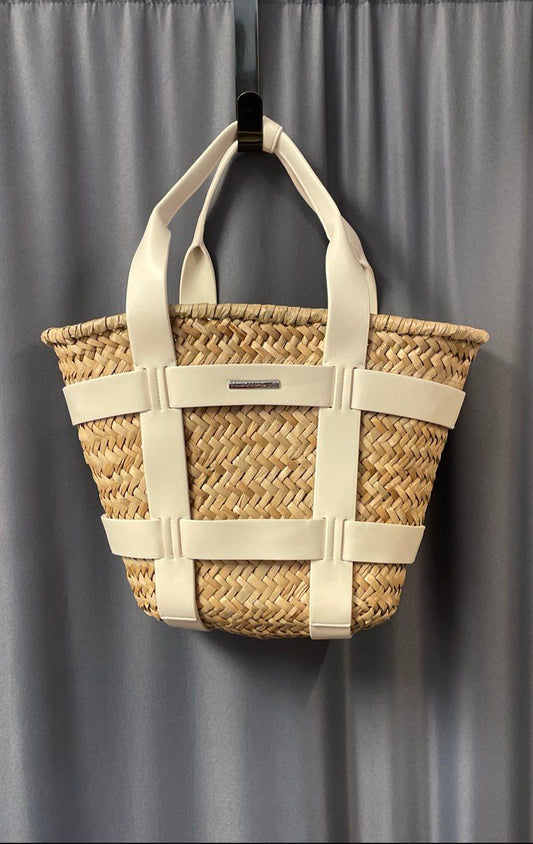 House of Harlow 1960 Cream & Natural Rattan Woven Basket Tote Bag Small