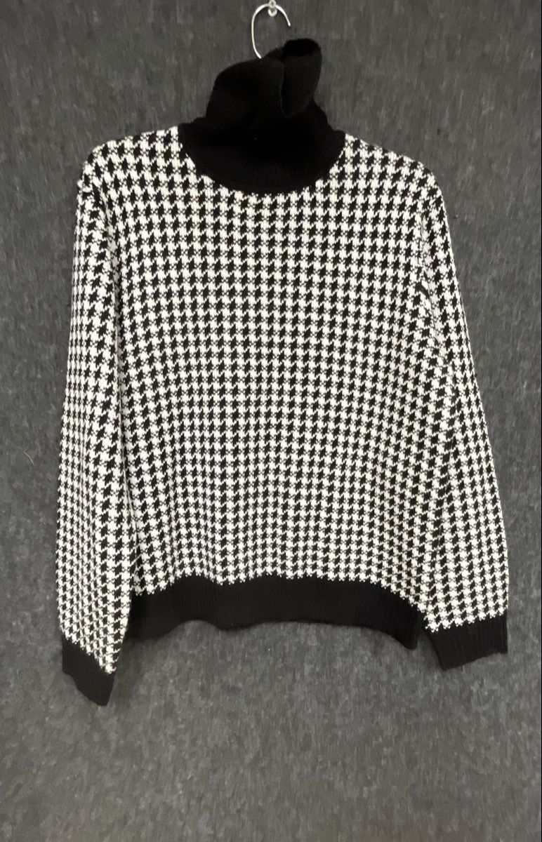 Vintage 90s Evan-Picone Women's Black White Houndstooth Turtleneck Sweater Sz XL