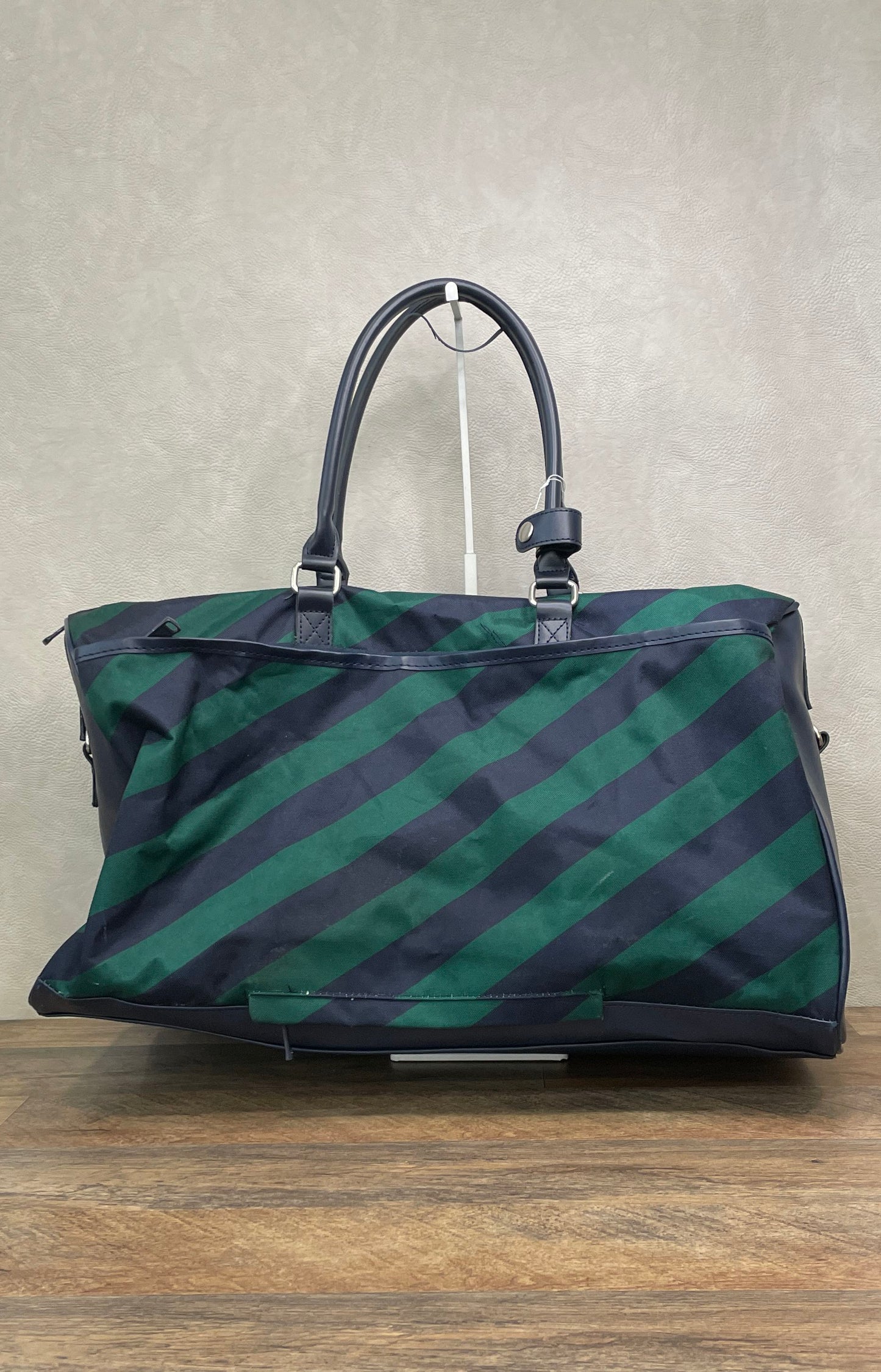 Tommy Hilfiger Navy Green Diagonal Striped Canvas Duffel Weekender Travel Bag