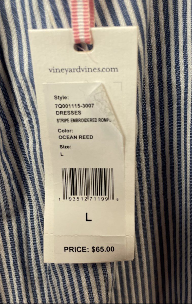 Vineyard Vines Women's Seersucker Romper NWT Blue White Embroidered Sz L