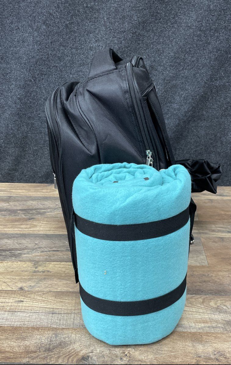 One Savvy Girl Black Picnic Backpack Set 4 Person with Teal Fleece Blanket