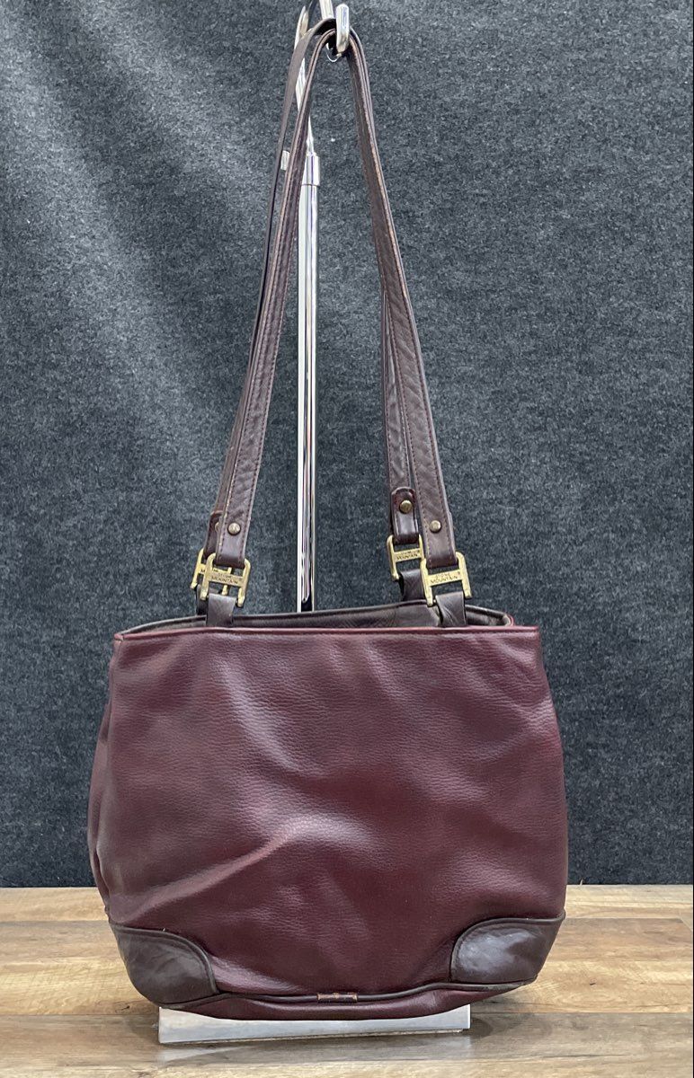 Stone Mountain Maroon Pebbled Leather Shoulder Bag Tote Vintage Brown Trim