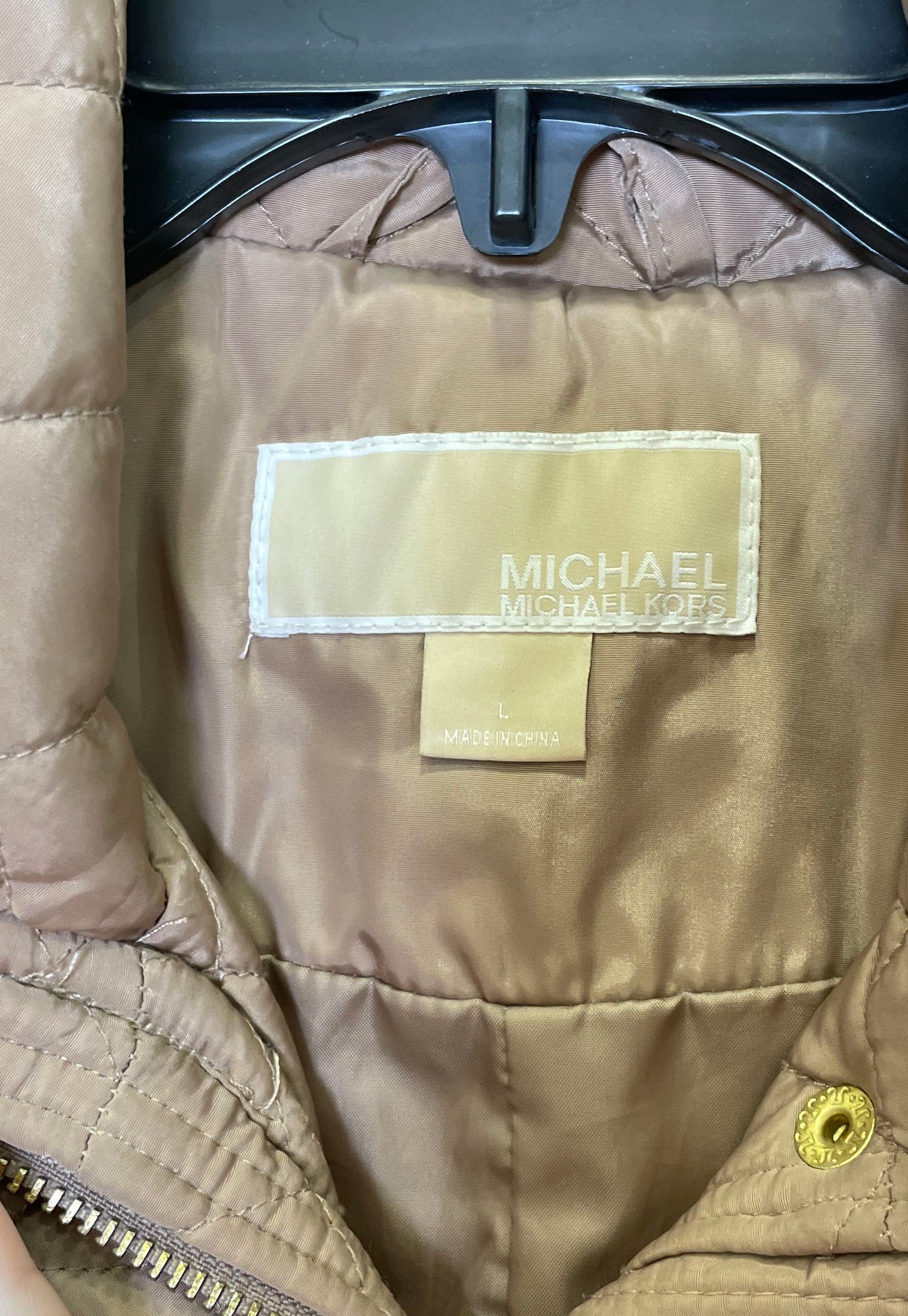 Michael Kors Women's Quilted Jacket Taupe Tan Belted Hooded Gold Hardware Sz L