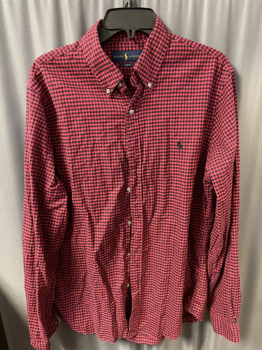 Ralph Lauren Men's Red Black Checkered Gingham Slim Fit Long Sleeve Shirt Sz L