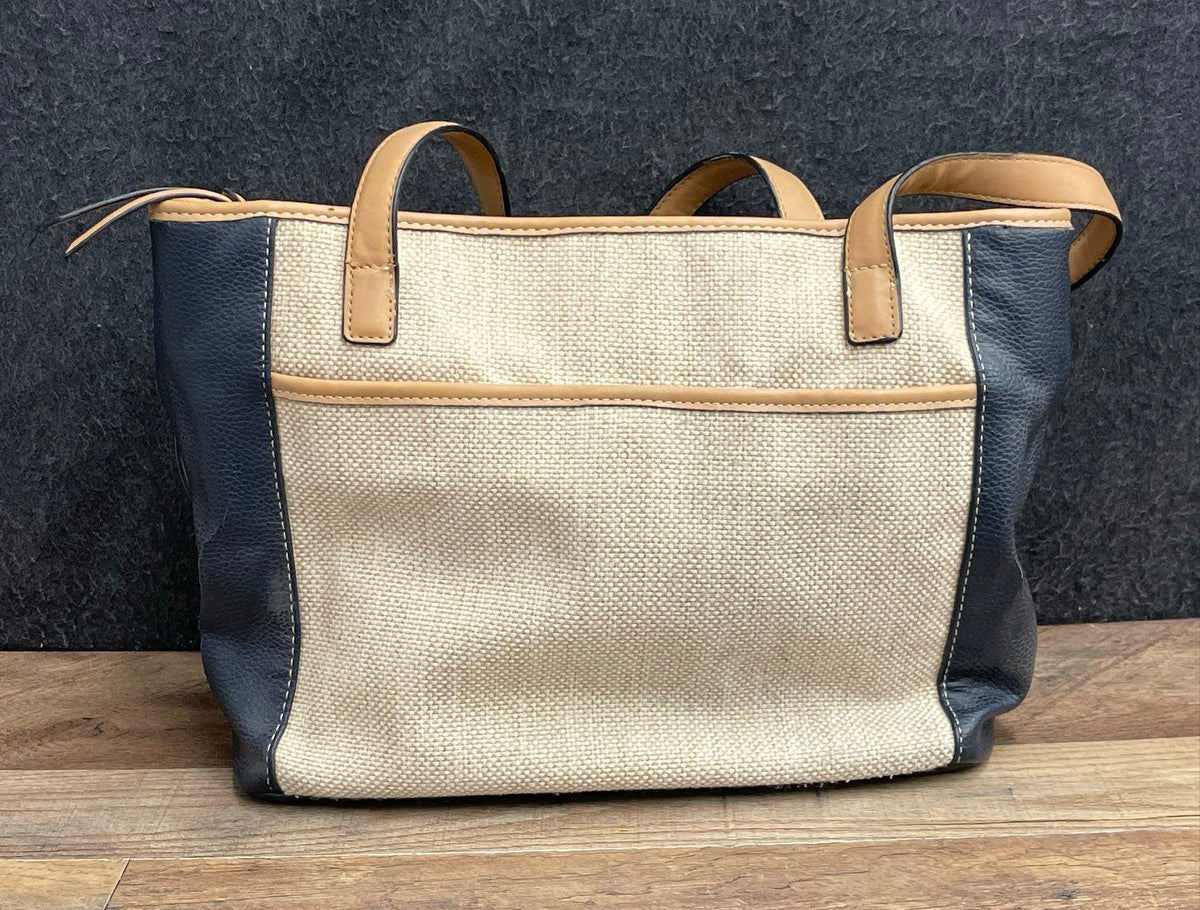 Giani Bernini Navy Blue Cream Woven Canvas Mixed Media Tote Shoulder Bag