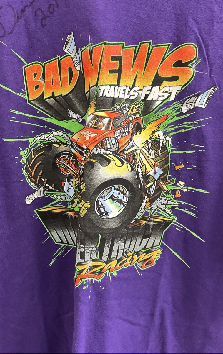 Men's Size 2XL Bad News Travels Fast Autographed Monster Truck Shirt *SEE DESC*