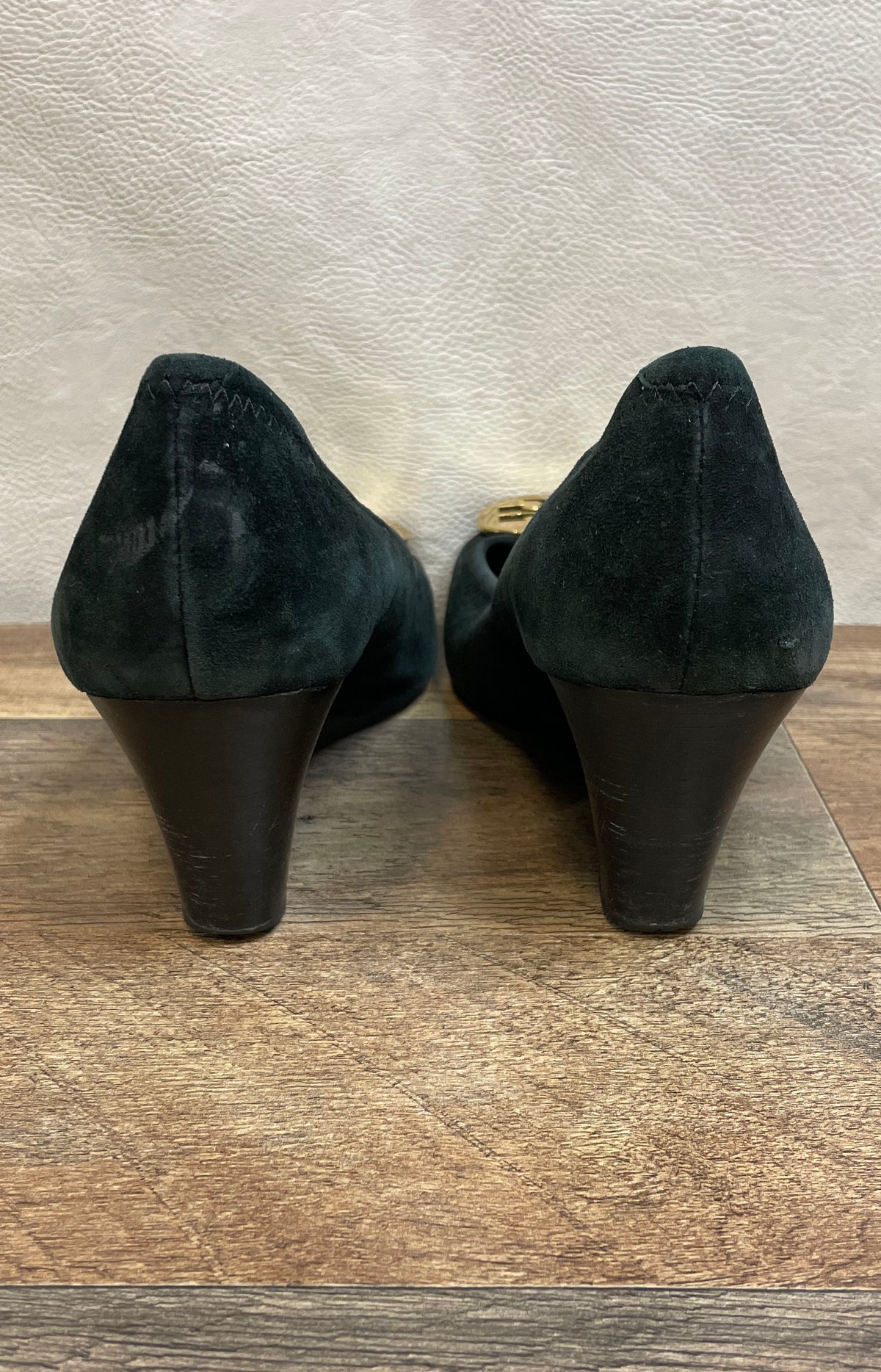 Tory Burch Black Suede Gold Logo Medallion Wedge Pumps Shoes Size 9.5M